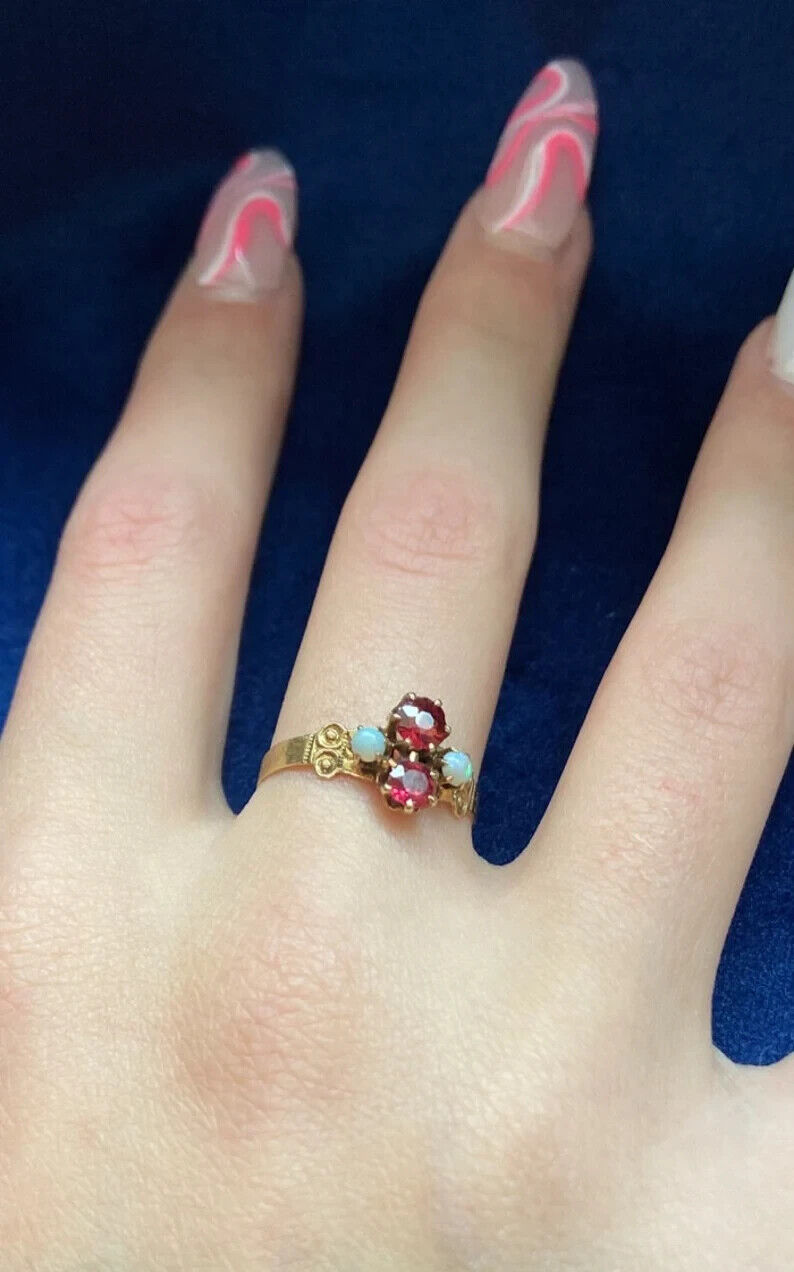 Early 1900s Victorian 14k Gold Tourmaline and Opal Ring __  1.4 grams