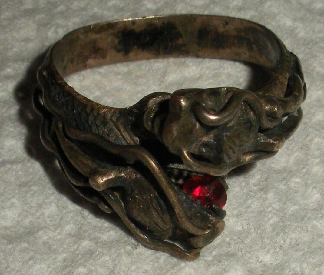 ANTIQUE EARLY 1900S CHINESE EXPORT COILED DRAGON GARNET & PEARL RING SZ 8.5 vafo