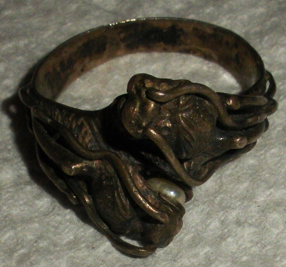 ANTIQUE EARLY 1900S CHINESE EXPORT COILED DRAGON GARNET & PEARL RING SZ 8.5 vafo