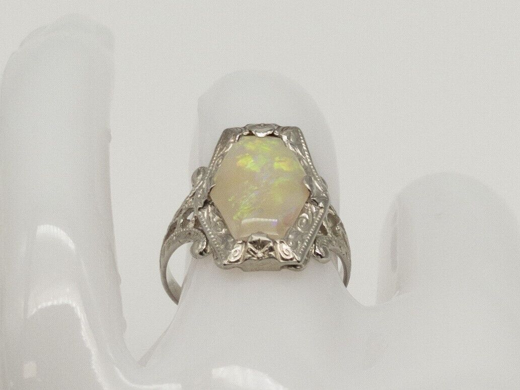 Antique Ostby & Barton 1900s 2ct Fancy Cut Natural OPAL 14k White Gold Ring