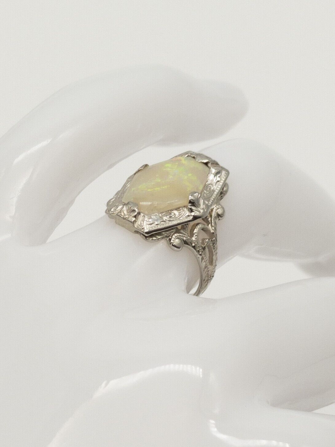 Antique Ostby & Barton 1900s 2ct Fancy Cut Natural OPAL 14k White Gold Ring