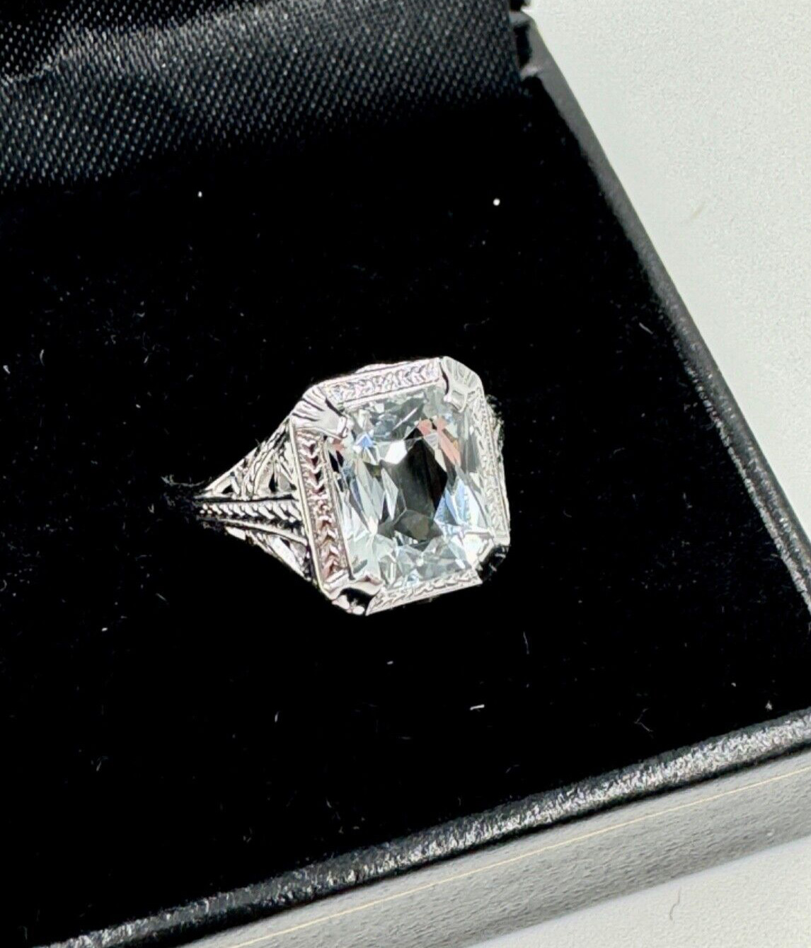 Antique Ostby & Barton 1900's Aquamarine  14k White Gold Ring Filigree