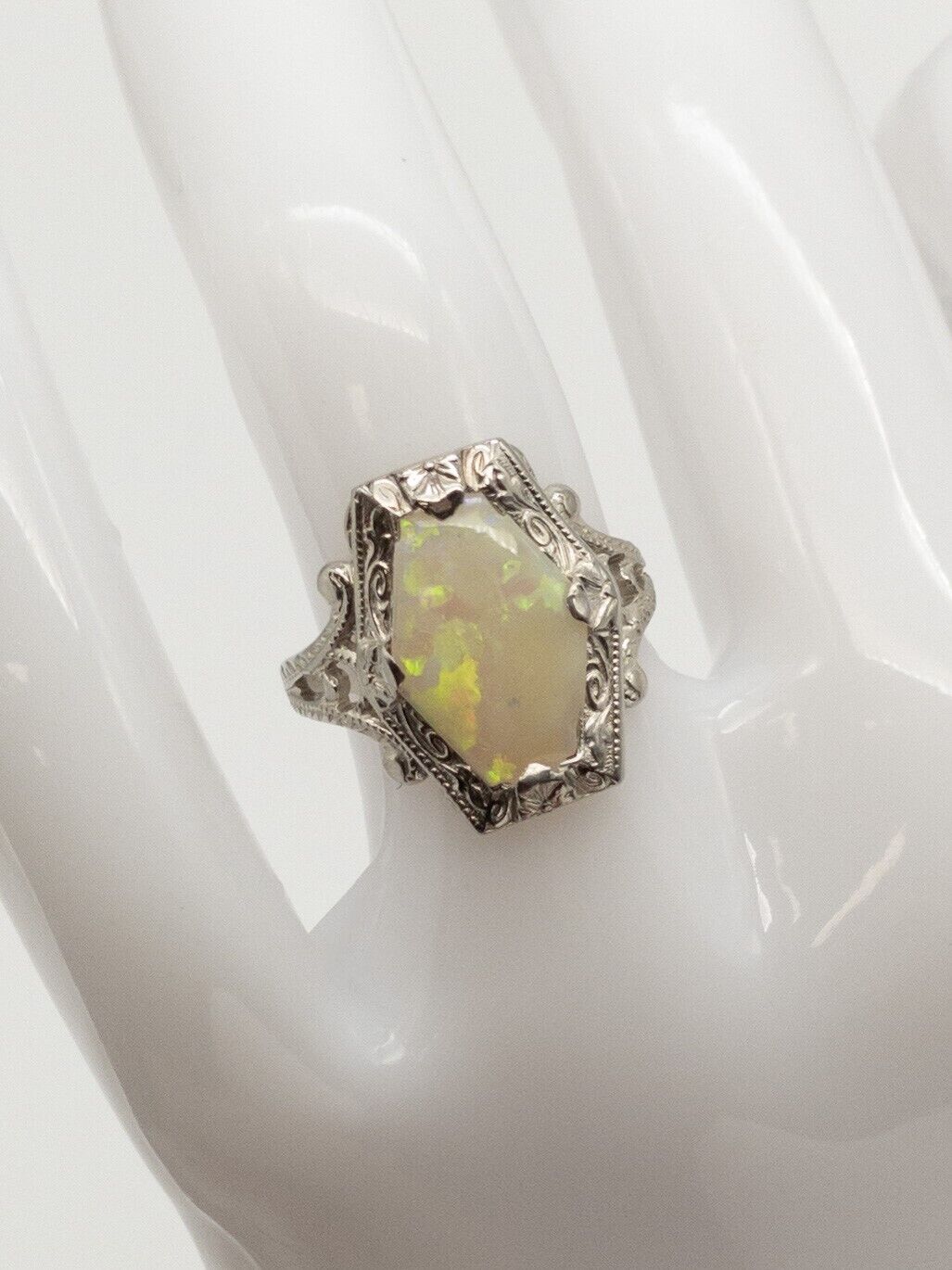 Antique Ostby & Barton 1900s 2ct Fancy Cut Natural OPAL 14k White Gold Ring