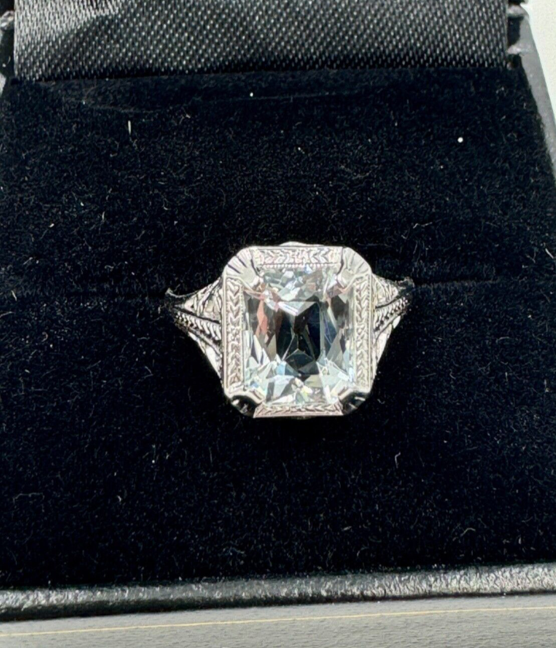 Antique Ostby & Barton 1900's Aquamarine  14k White Gold Ring Filigree