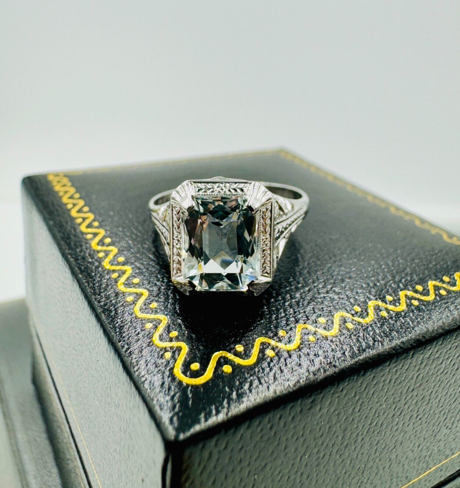 Antique Ostby & Barton 1900's Aquamarine  14k White Gold Ring Filigree