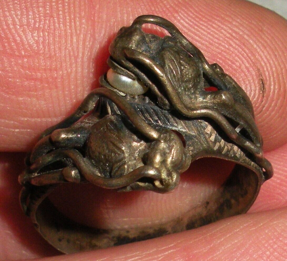 ANTIQUE EARLY 1900S CHINESE EXPORT COILED DRAGON GARNET & PEARL RING SZ 8.5 vafo