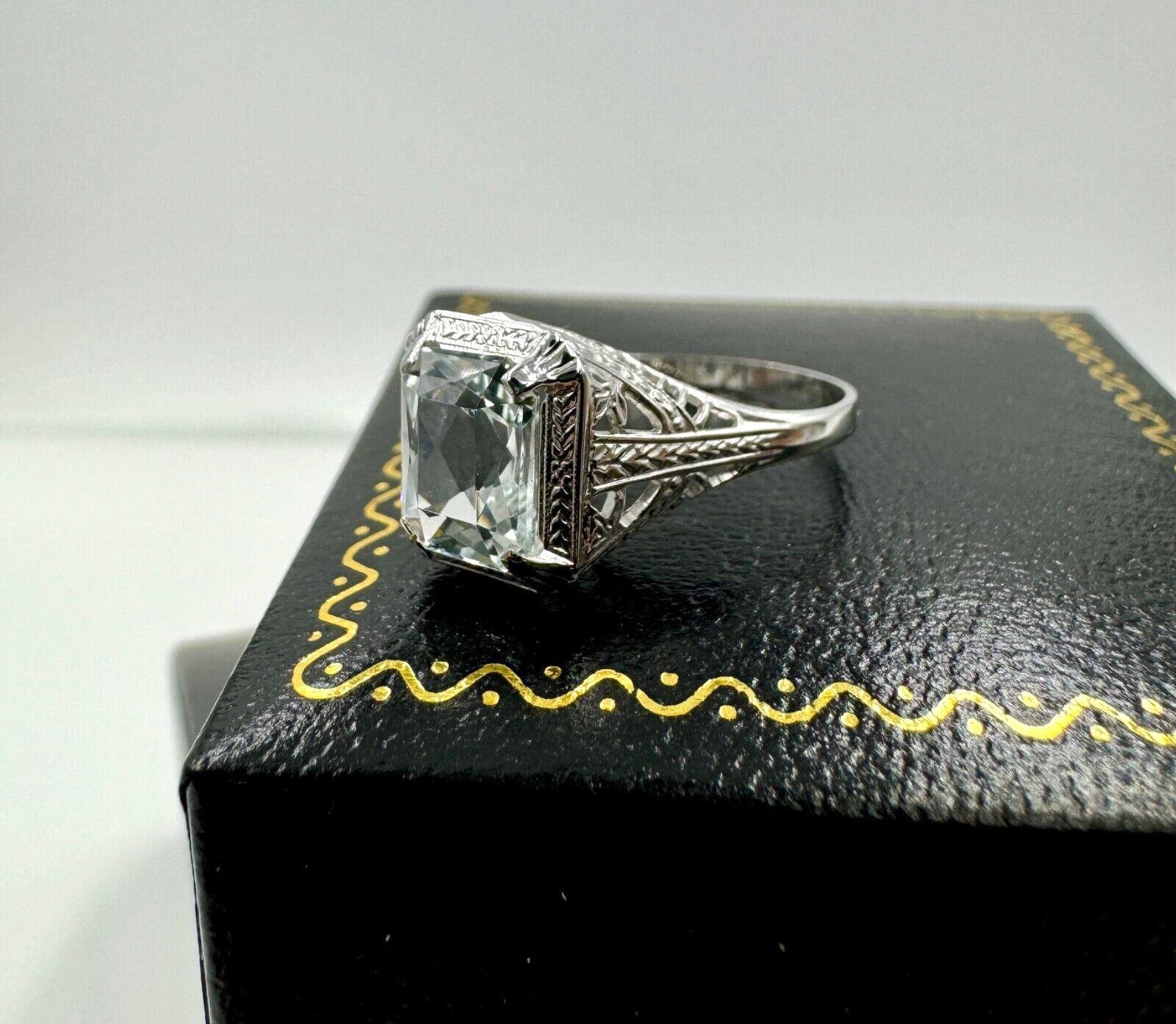 Antique Ostby & Barton 1900's Aquamarine  14k White Gold Ring Filigree