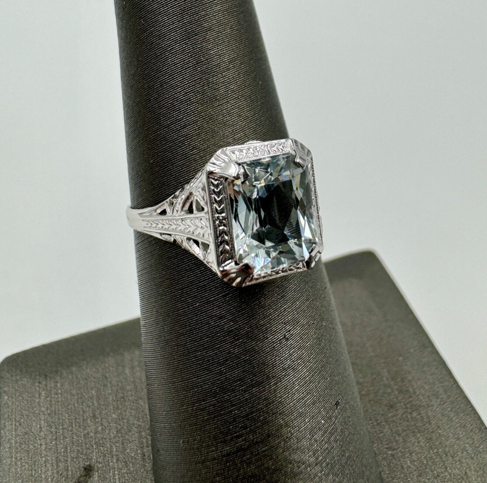 Antique Ostby & Barton 1900's Aquamarine  14k White Gold Ring Filigree