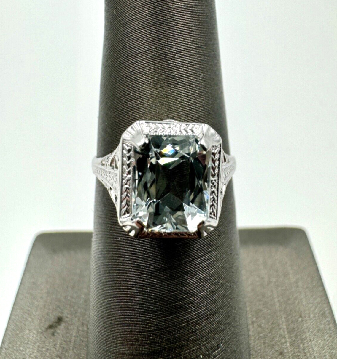 Antique Ostby & Barton 1900's Aquamarine  14k White Gold Ring Filigree