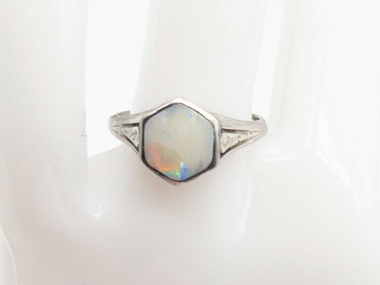 Antique Edwardian 1900s $3000 2ct Fancy Cut Natural OPAL Platinum Filigree Ring