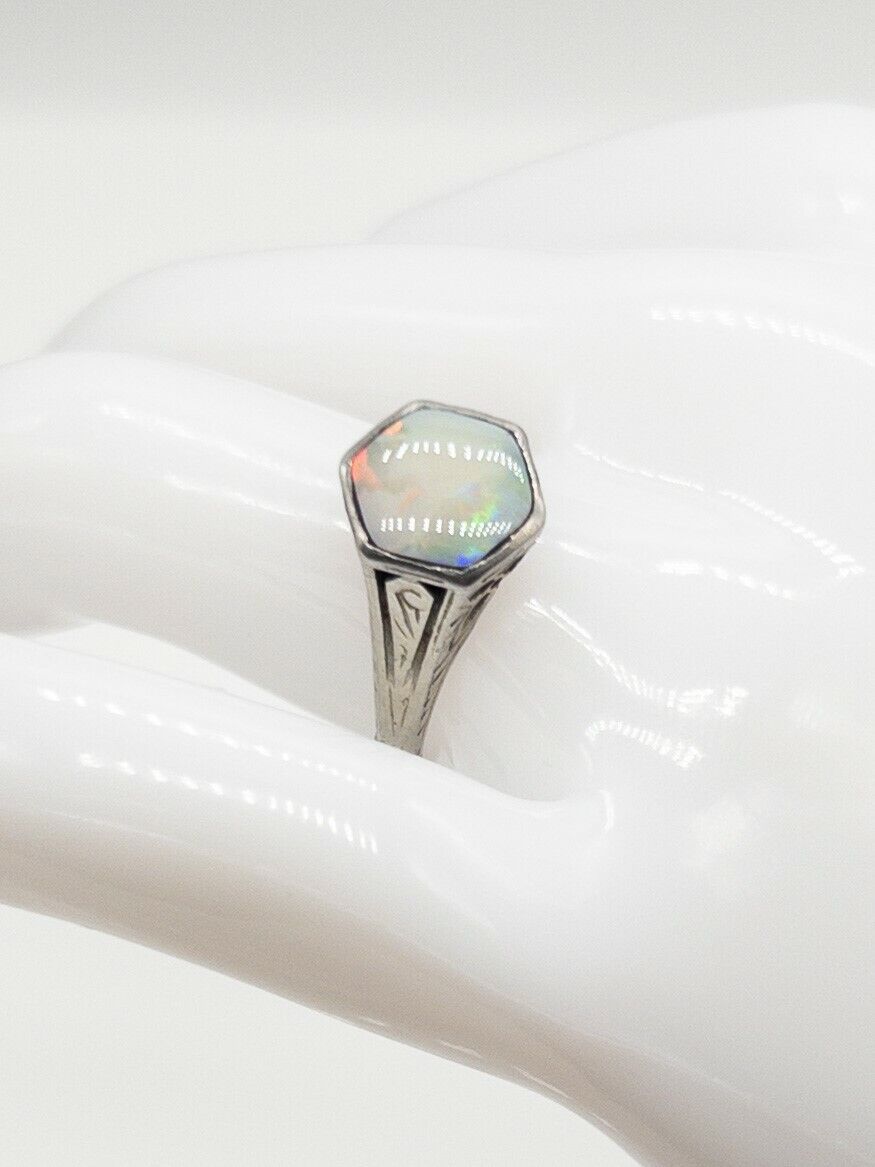 Antique Edwardian 1900s $3000 2ct Fancy Cut Natural OPAL Platinum Filigree Ring