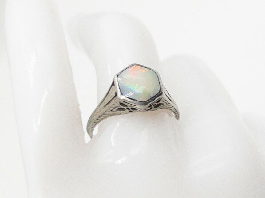 Antique Edwardian 1900s $3000 2ct Fancy Cut Natural OPAL Platinum Filigree Ring