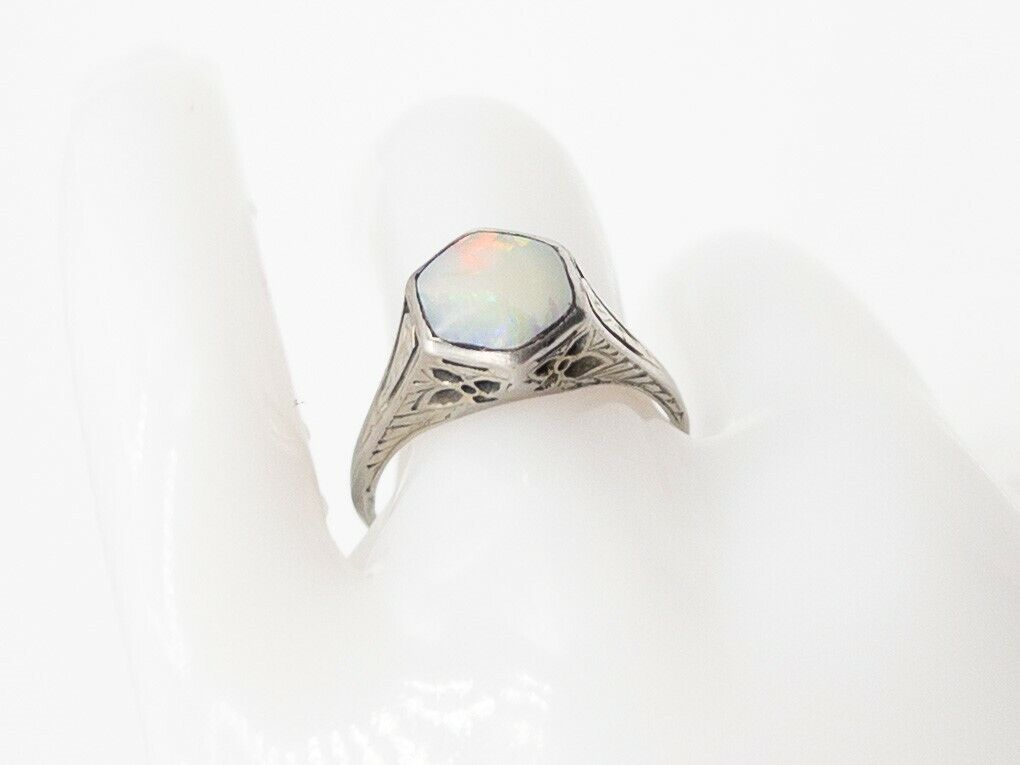 Antique Edwardian 1900s $3000 2ct Fancy Cut Natural OPAL Platinum Filigree Ring