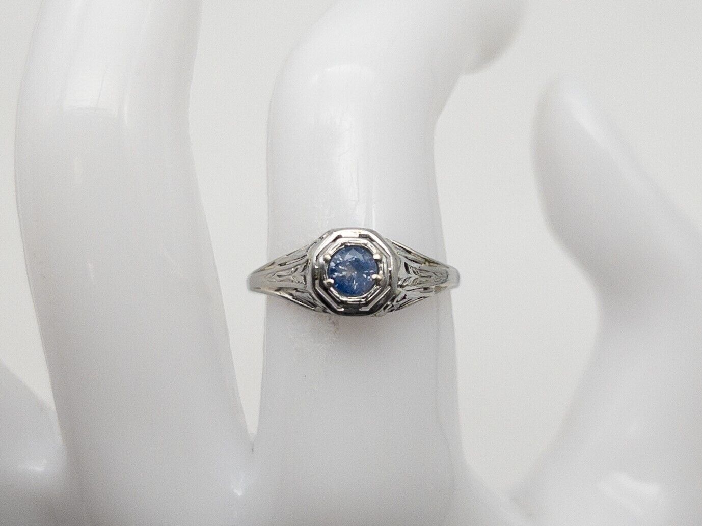 Antique 1900s $1500 .60ct Ceylon Blue Sapphire 18k White Gold Filigree Ring