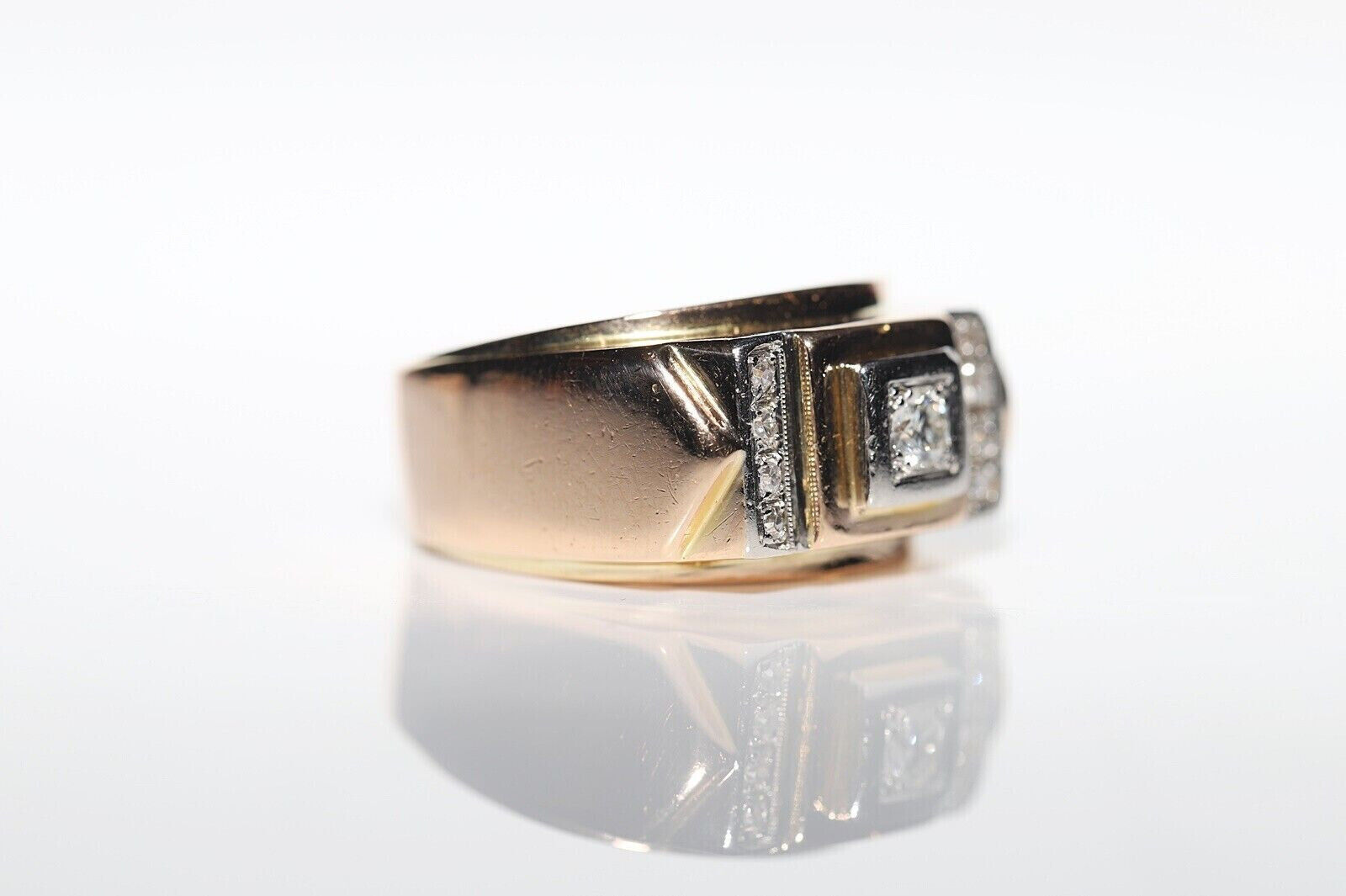 Victorian 1900s 18k Gold silver 925 Diamond Decorated Unisex Tank Ring