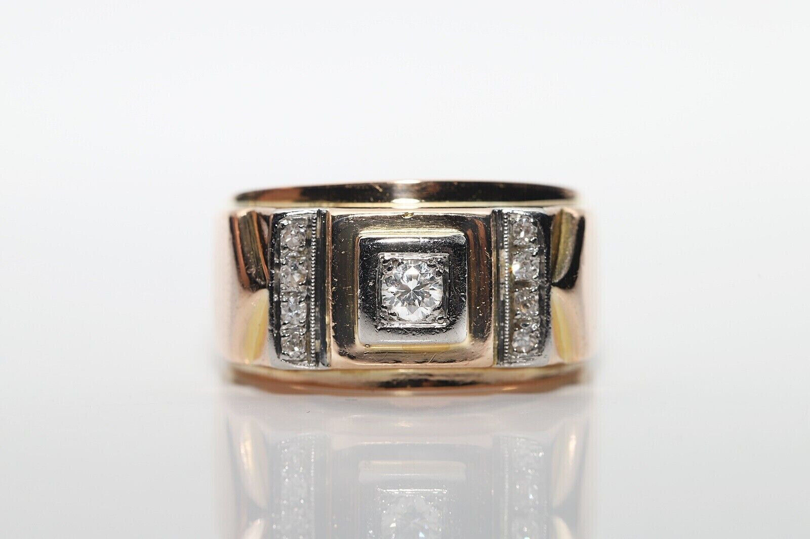 Victorian 1900s 18k Gold silver 925 Diamond Decorated Unisex Tank Ring