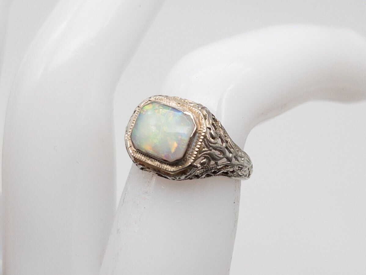 Antique 1900s Edwardian 2ct Natural Australian OPAL 14k White Gold Filigree Ring