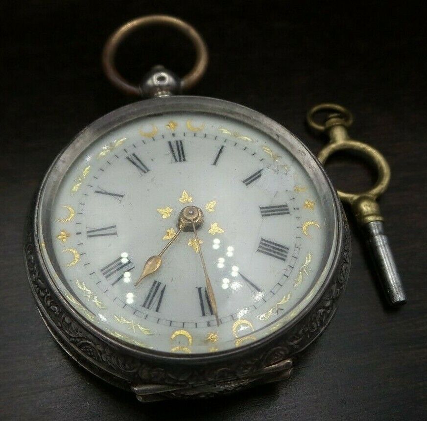 Great Antique 1900s Gold Embellished European 800 Silver Open Face Pocket Watch