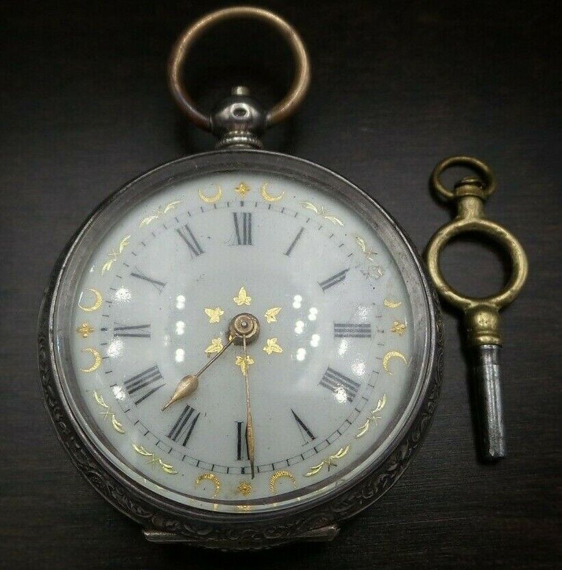 Great Antique 1900s Gold Embellished European 800 Silver Open Face Pocket Watch
