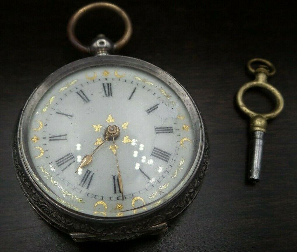Great Antique 1900s Gold Embellished European 800 Silver Open Face Pocket Watch