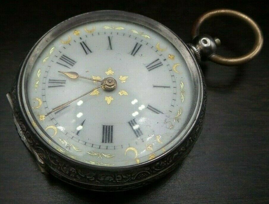 Great Antique 1900s Gold Embellished European 800 Silver Open Face Pocket Watch