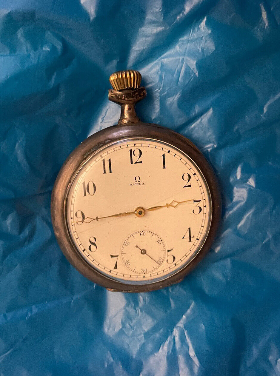 Silver Omega OpenFace Antique Pocket watch, c1900's. Arabic Numerals