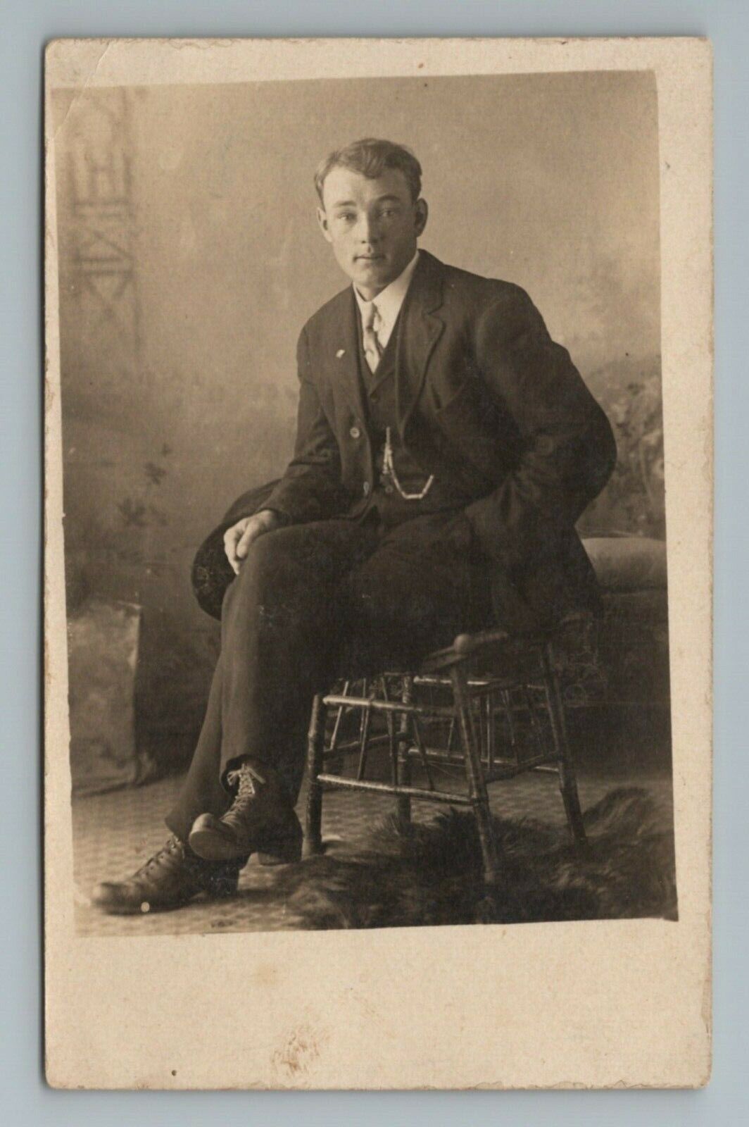 1900s 1910s Man Sitting in Chair Pocket Watch RPPC Real Photo Vintage Postcard