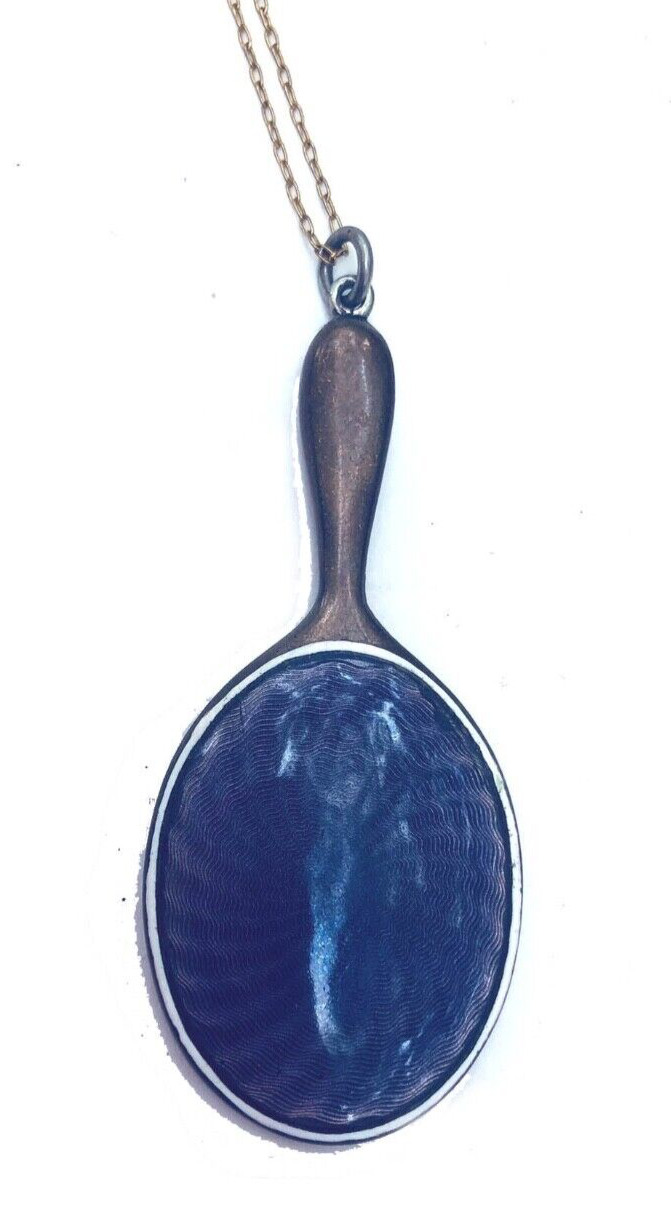Antique 1900s Victorian Purple Enamel Flirty Mirror Pendant Long Chain Necklace