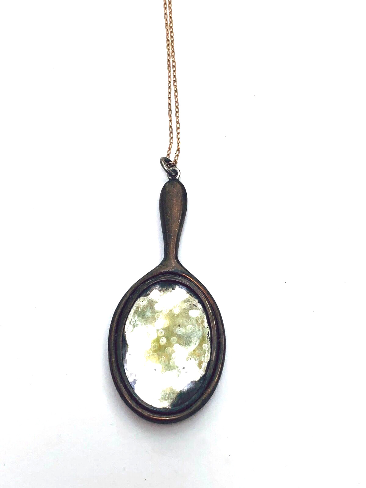 Antique 1900s Victorian Purple Enamel Flirty Mirror Pendant Long Chain Necklace
