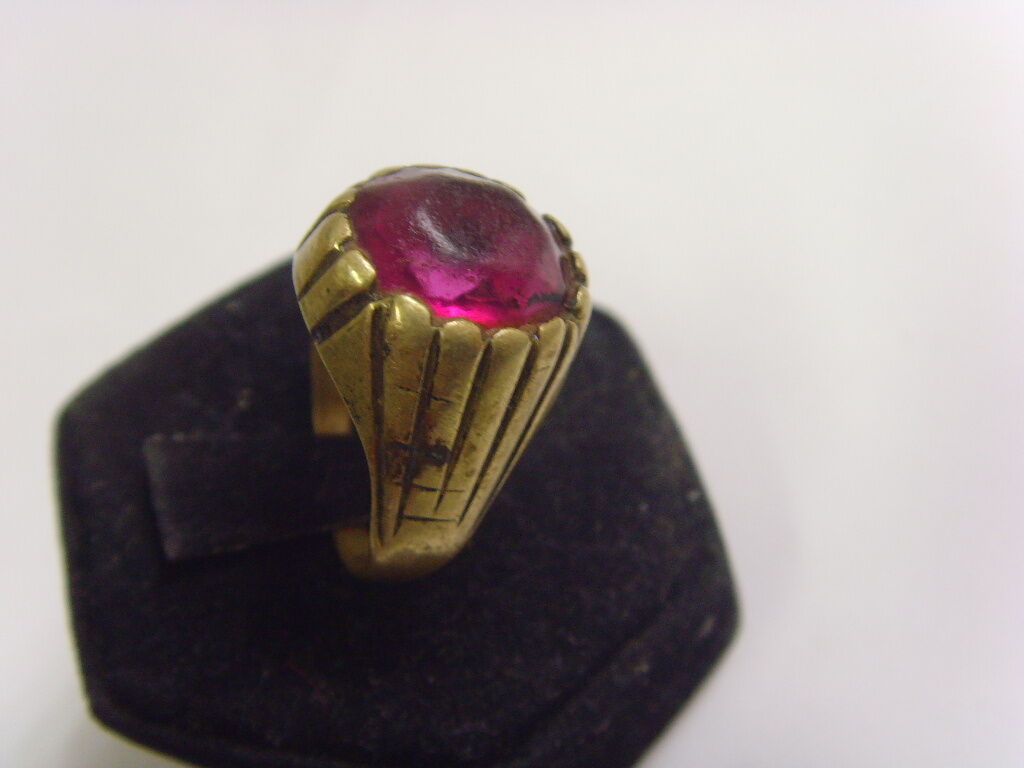 1800S ANTIQUE OLD NOMAD TRIBAL WEDDING RING 8.5 SIZE FAUX GEM RUBELLITE FV1223