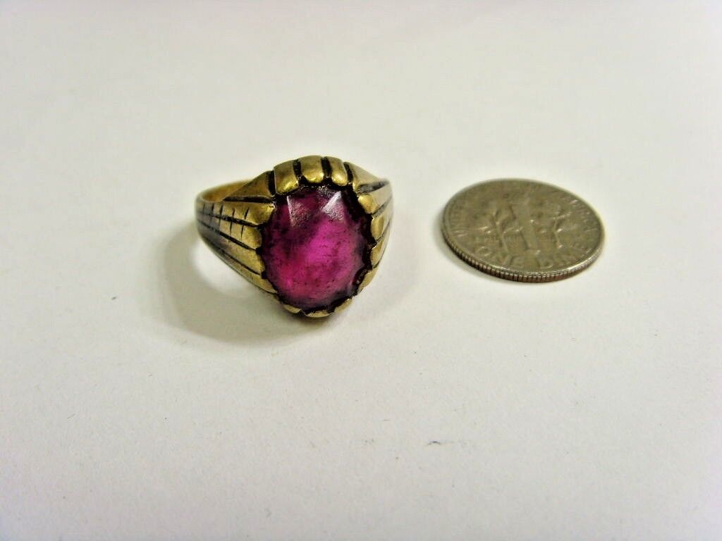 1800S ANTIQUE OLD NOMAD TRIBAL WEDDING RING 8.5 SIZE FAUX GEM RUBELLITE FV1223