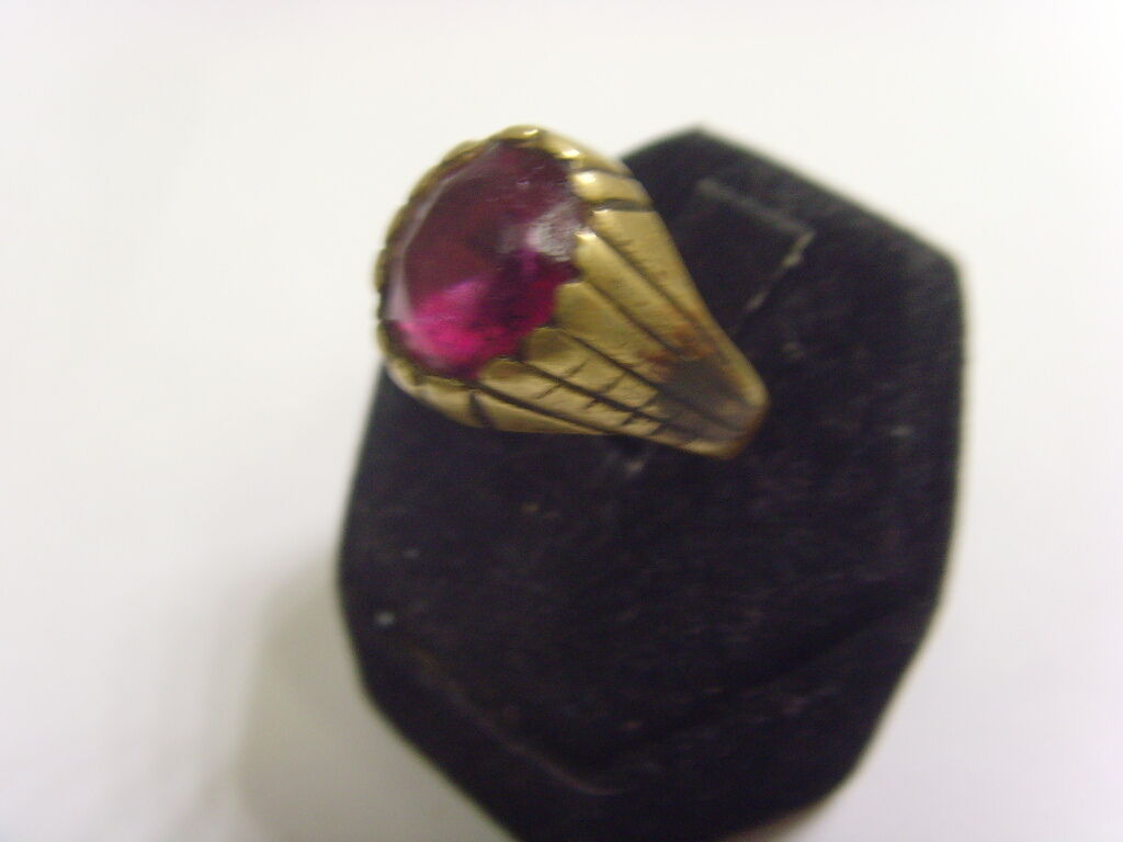 1800S ANTIQUE OLD NOMAD TRIBAL WEDDING RING 8.5 SIZE FAUX GEM RUBELLITE FV1223