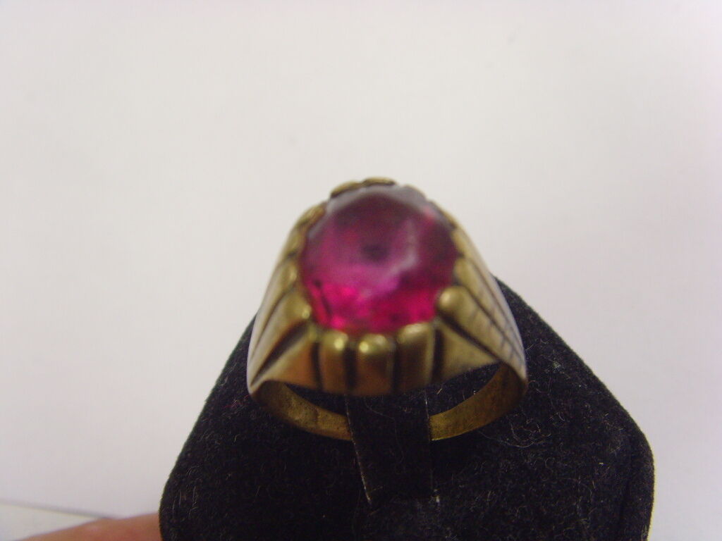 1800S ANTIQUE OLD NOMAD TRIBAL WEDDING RING 8.5 SIZE FAUX GEM RUBELLITE FV1223