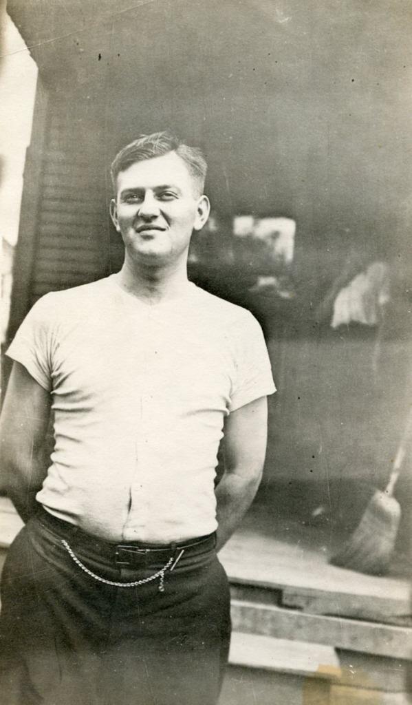 G262 Vtg Photo, MAN BUTTON UP UNDERSHIRT AND WATCH CHAIN, broom c Early 1900's