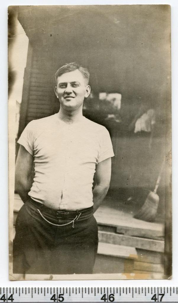 G262 Vtg Photo, MAN BUTTON UP UNDERSHIRT AND WATCH CHAIN, broom c Early 1900's