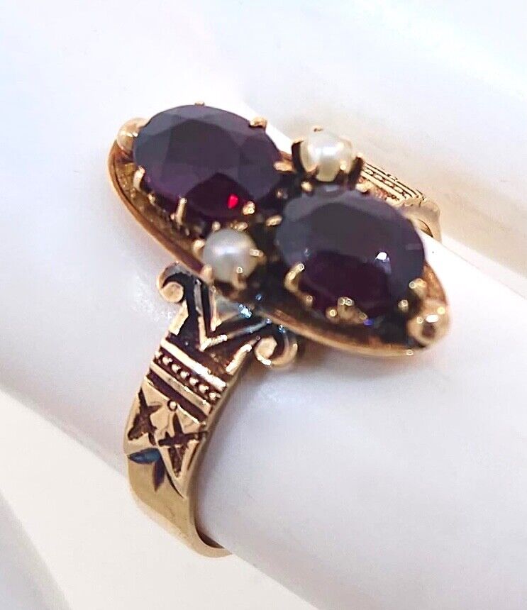Antique Victorian 1800's 14k Rose Gold Garnet & Seed Pearl Ring
