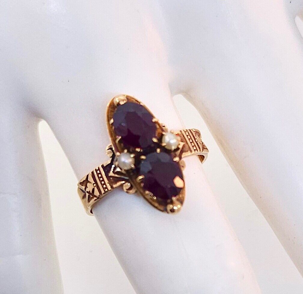 Antique Victorian 1800's 14k Rose Gold Garnet & Seed Pearl Ring