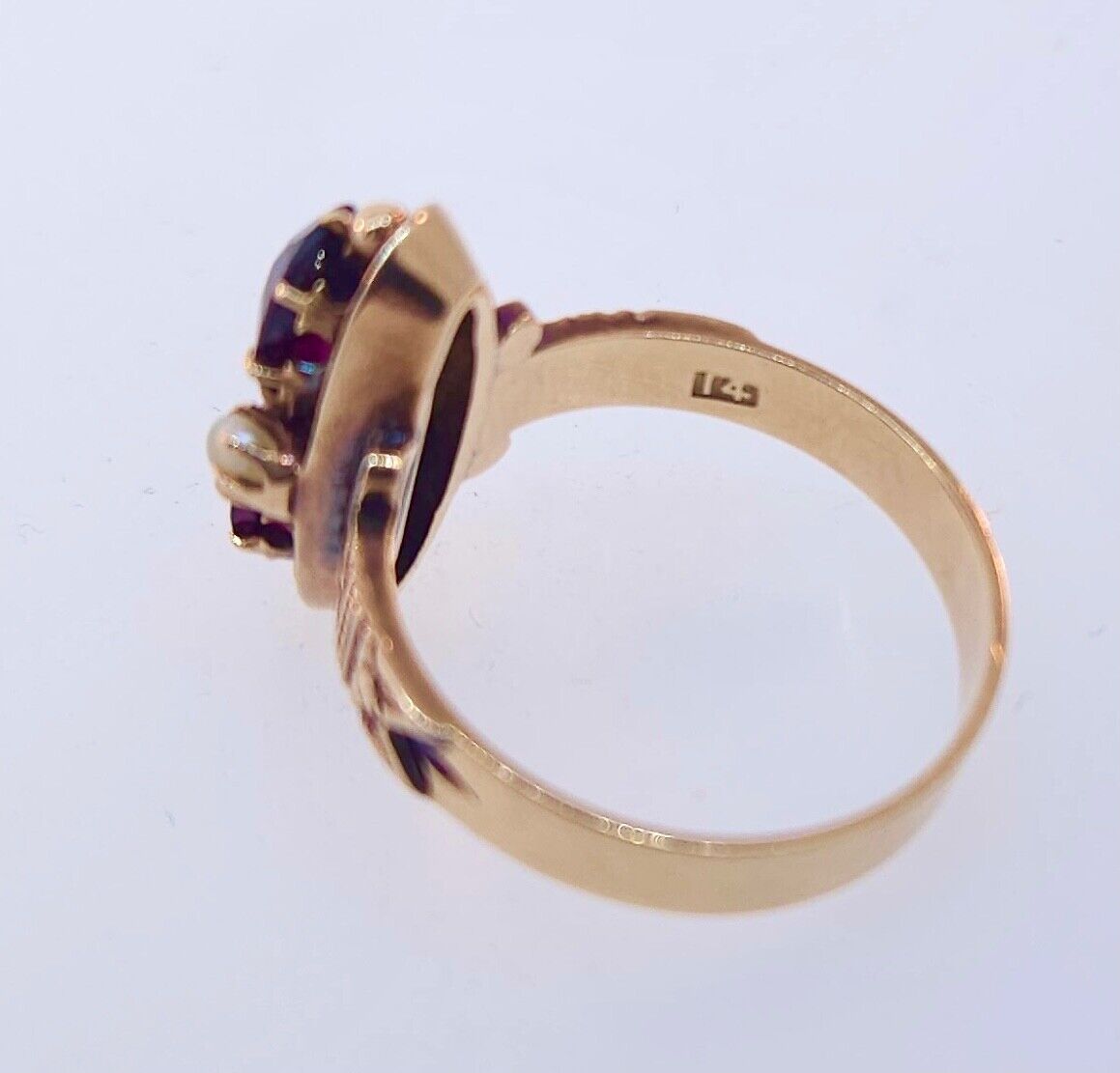 Antique Victorian 1800's 14k Rose Gold Garnet & Seed Pearl Ring