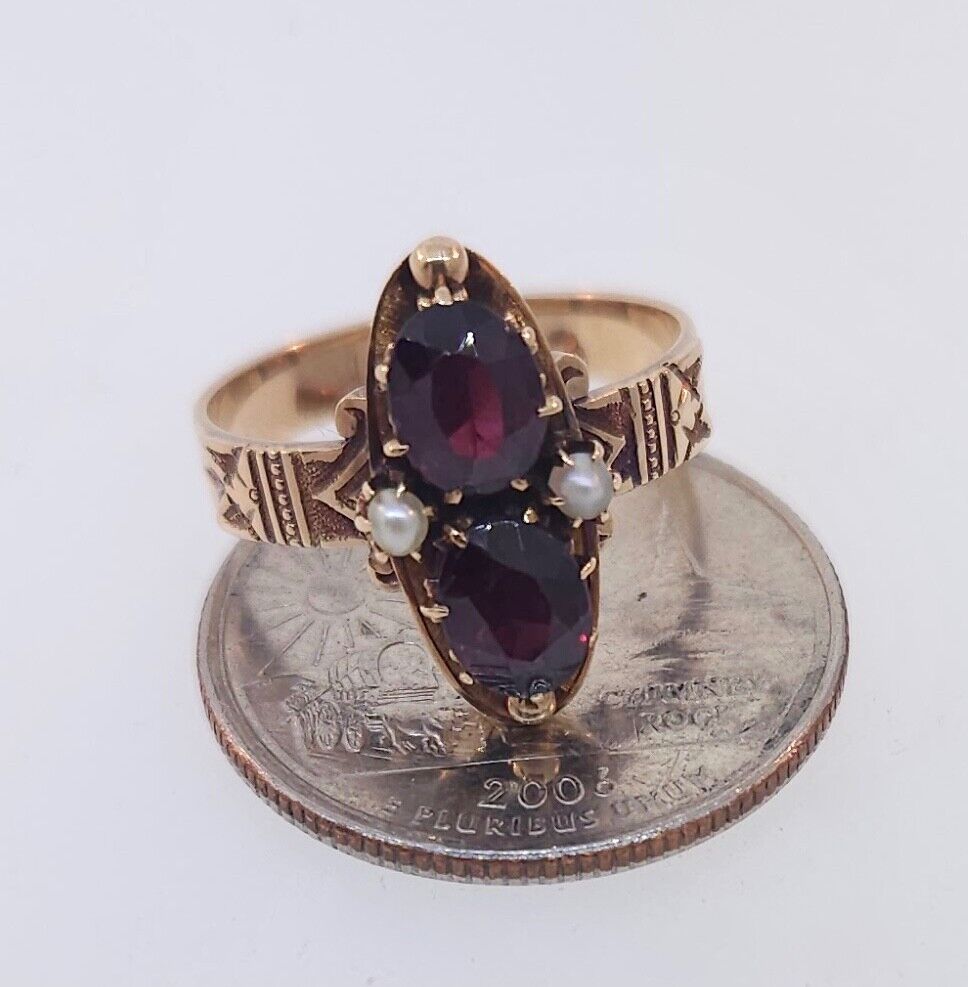 Antique Victorian 1800's 14k Rose Gold Garnet & Seed Pearl Ring