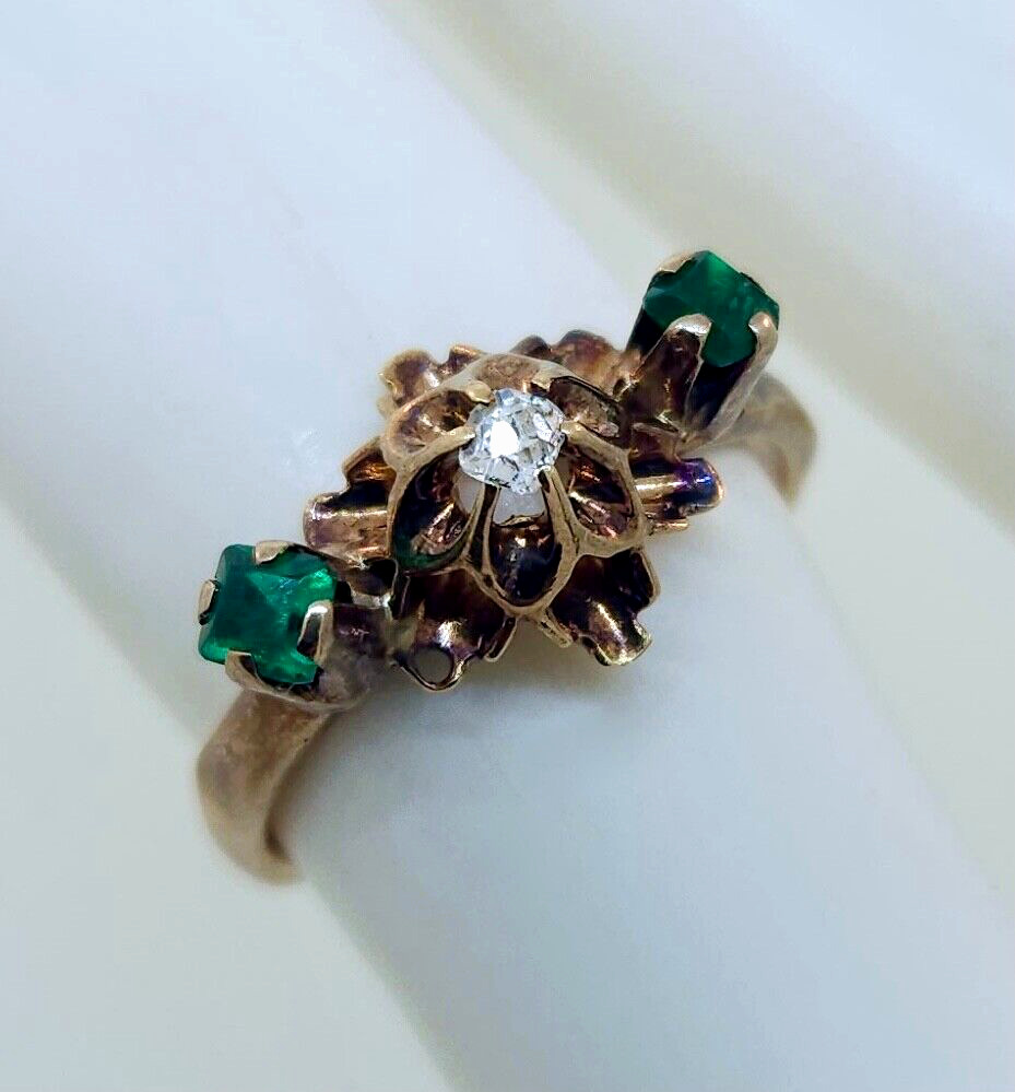 Antique Victorian 1800's 10k Rose Gold Diamond & Emerald Ring