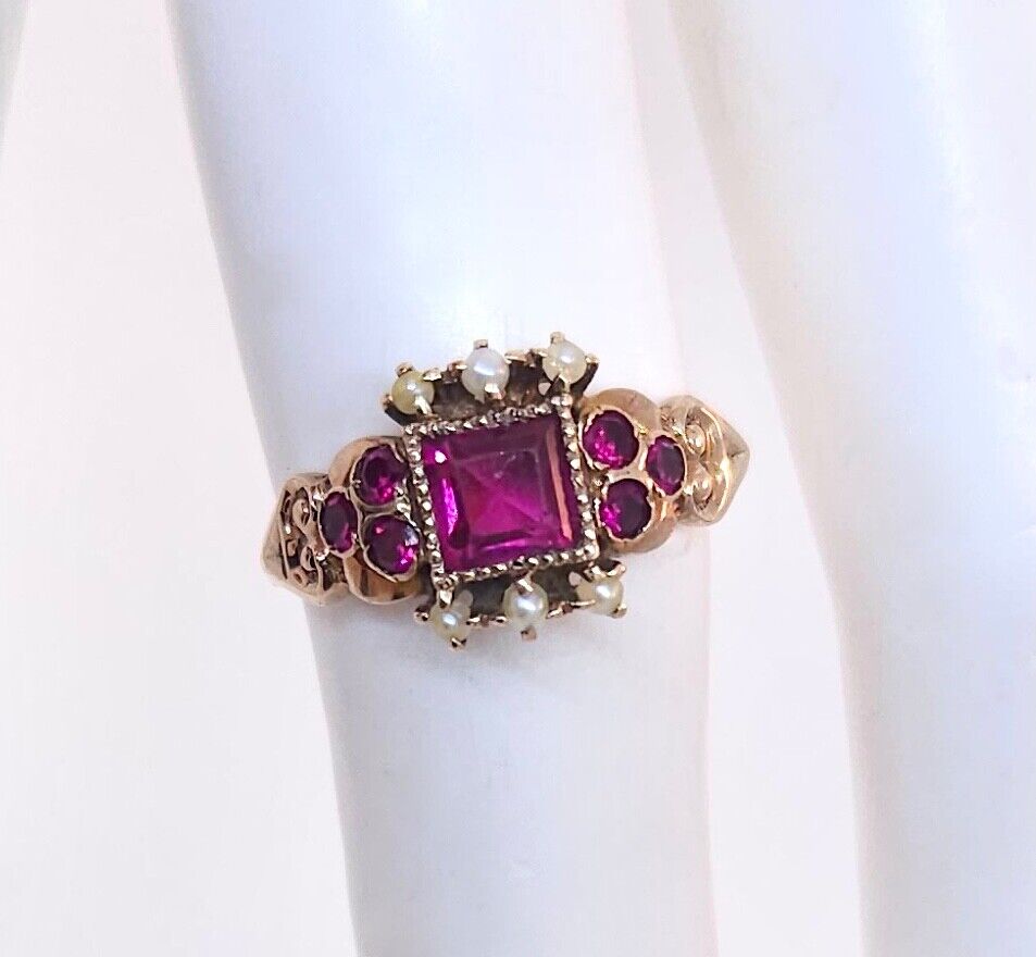 Antique victorian 1800's 10k Rose Gold Synthetic Ruby & Seed Pearl Ring