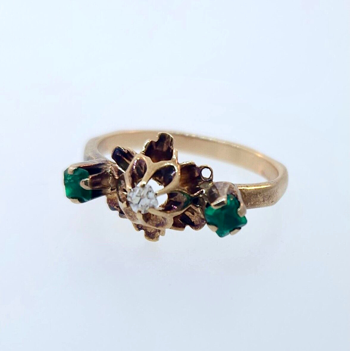 Antique Victorian 1800's 10k Rose Gold Diamond & Emerald Ring