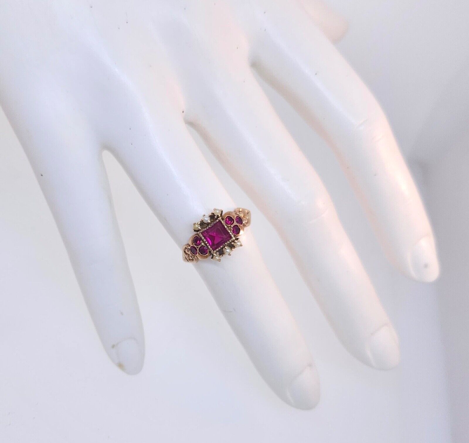 Antique victorian 1800's 10k Rose Gold Synthetic Ruby & Seed Pearl Ring