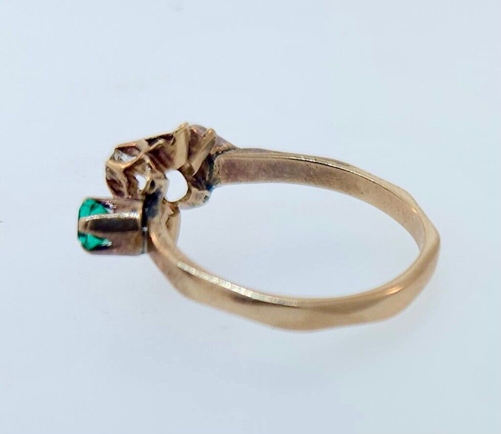 Antique Victorian 1800's 10k Rose Gold Diamond & Emerald Ring