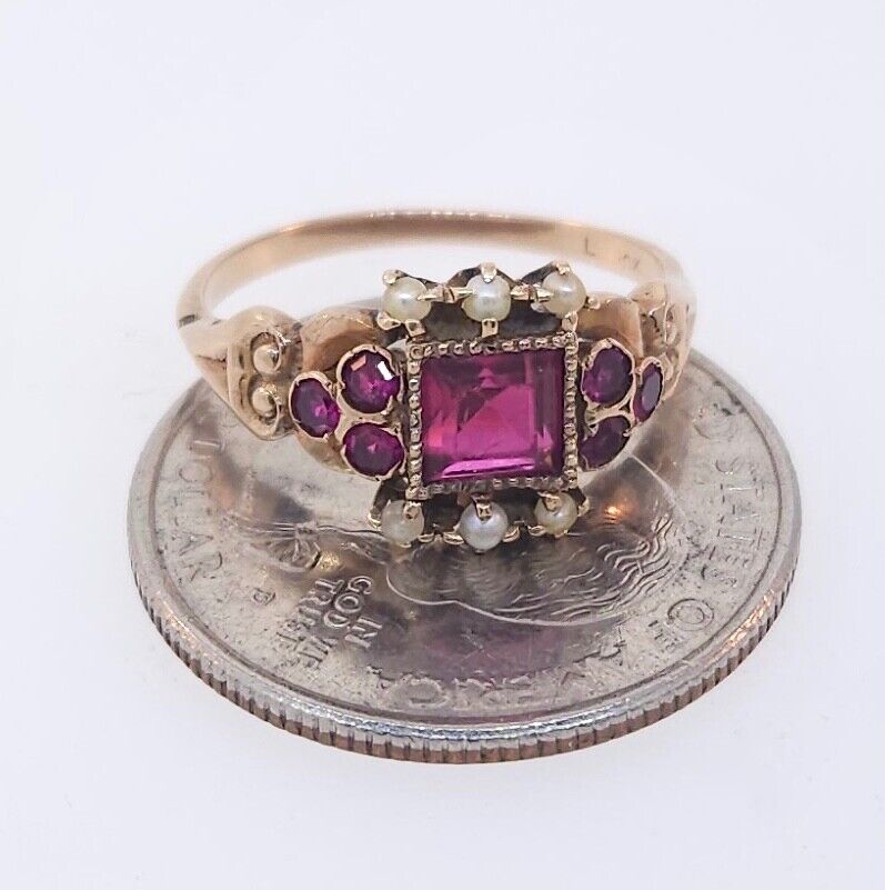 Antique victorian 1800's 10k Rose Gold Synthetic Ruby & Seed Pearl Ring