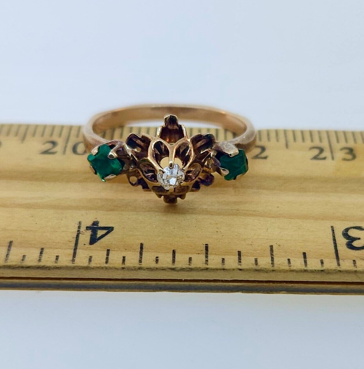 Antique Victorian 1800's 10k Rose Gold Diamond & Emerald Ring