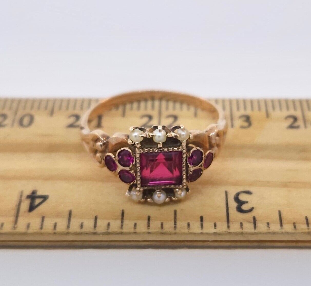 Antique victorian 1800's 10k Rose Gold Synthetic Ruby & Seed Pearl Ring