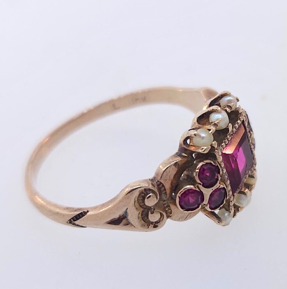 Antique victorian 1800's 10k Rose Gold Synthetic Ruby & Seed Pearl Ring