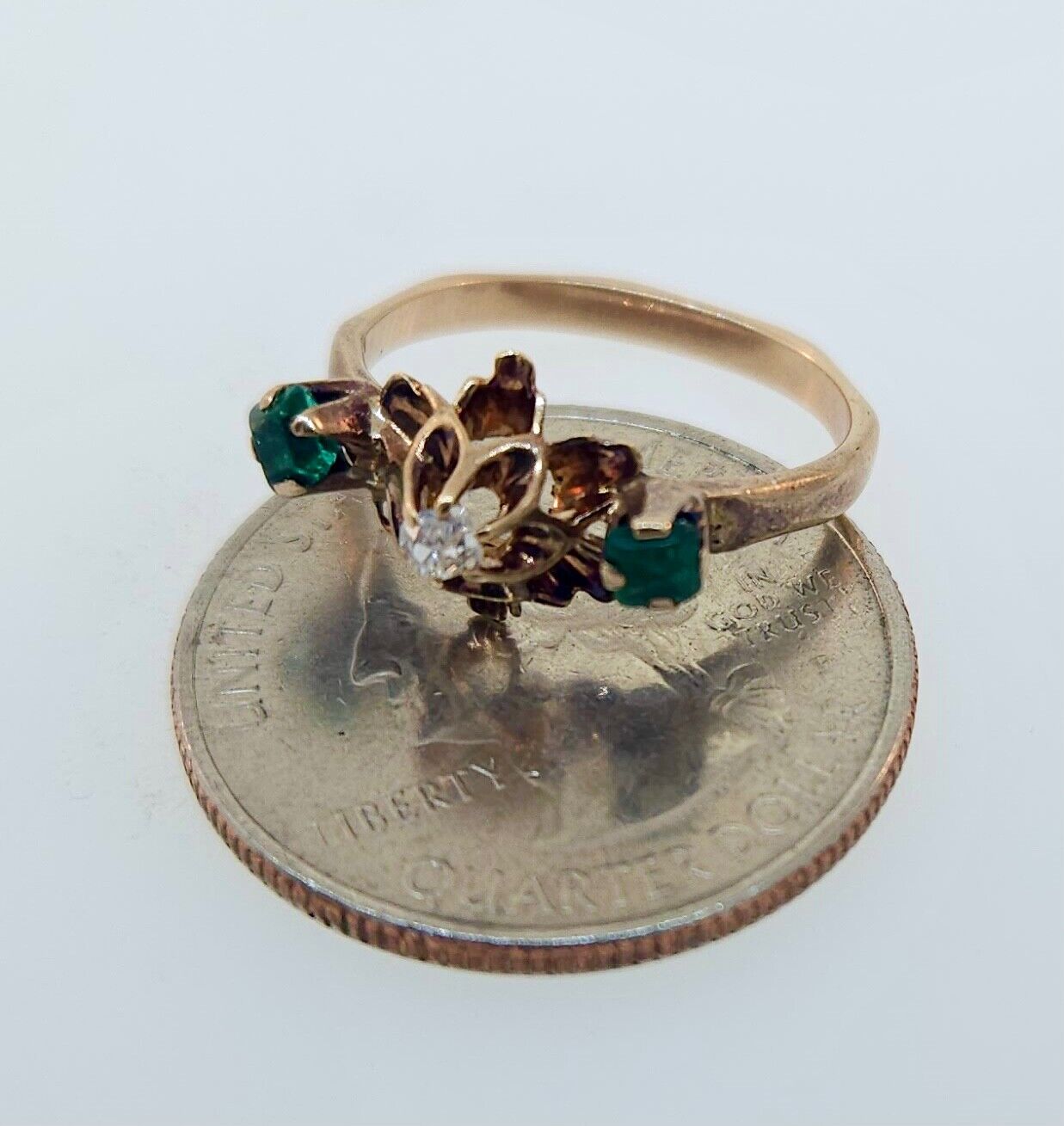 Antique Victorian 1800's 10k Rose Gold Diamond & Emerald Ring
