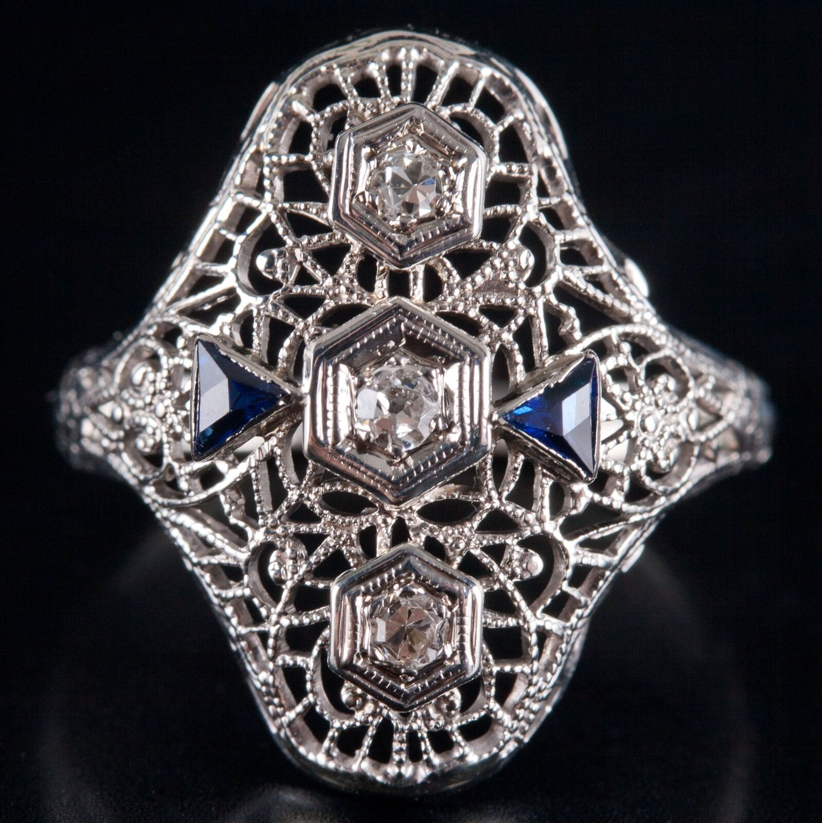 Vintage 1900's 14k White Gold Old Mine Diamond Sapphire Cocktail Ring .20ctw
